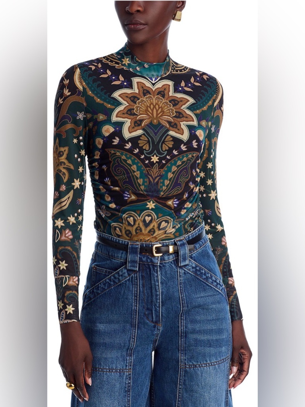 FARM Rio Black & Gold Paisley-Print Tulle Blouse